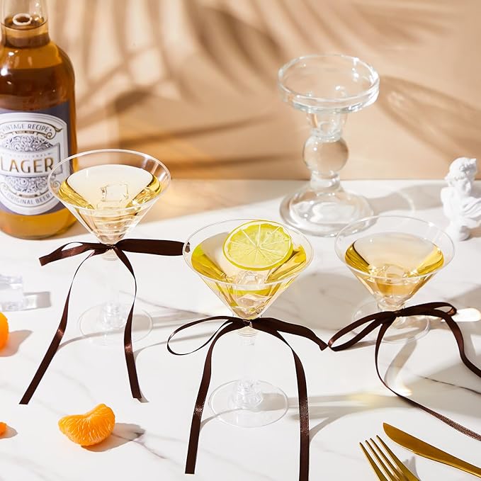 Maxdot 30 Sets A Tini Bit Older Birthday Party Supplies 5 oz Espresso Martini Glasses Plastic Mini Champagne Tower with Bows for Espresso Martini Bachelorette Decoration Tiny Bar(Brown)