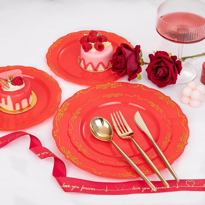 U-QE 100PCS Red Plastic Plates - Heavy Duty Red Disposable Plates Disposable with Gold Rim - Include 50PCS 10inch Dinner Plates and 50PCS 7.5inch Dessert/Salad Plates for Party