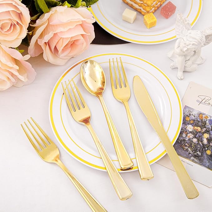Supernal 360pcs Gold Plastic Silverware Heavy Duty Disposable Cutlery Gold flatware Sets Include 120 Forks, 120 Knives, 120 Spoons, Suitable for Party, Birthday, Wedding