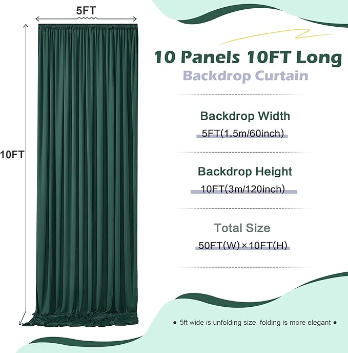 50ft x 10ft Wrinkle Free Hunter Green Backdrop Curtain for Jungle Parties, 10 Panels 5×10ft Soft Silky Green Polyester Photo Backdrop Drapes for Wedding Birthday Photography Christmas Background Cloth