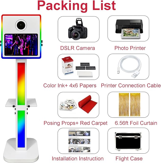 Mirror Photo Booth with Printer and Camera, Portable DSLR Booth 15.6 inch Touch Screen Selfie Photobooth Machine RGB Lights Stand for Wedding School Party Events (White Color Full Set)