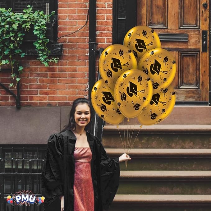 PMU100 Pcs Metallic Gold Graduation Balloons Class of 2025 with All-Over Print White Grad Caps-Confetti and Streamers | Graduation Party Supplies | Congratulations Grad Latex Balloons Latex