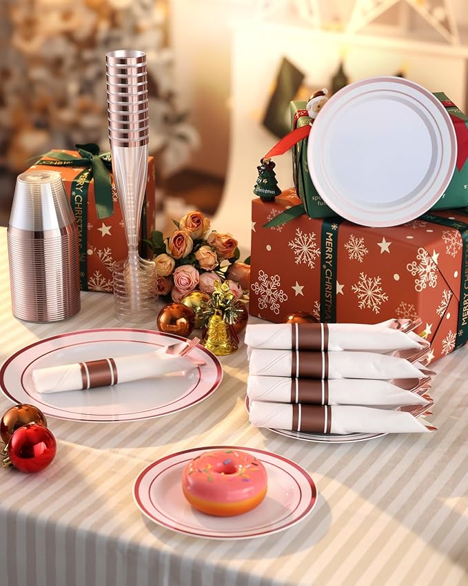 Goodluck 320PCS Rose Gold Disposable Plastic Dinnerware Set for 40Guests, Include 40 Dinner Plates, 40 Dessert Plates, 40 Napkins with Silverware, 40 Cups, 40 Champagne Glasses, for Christmas, Wedding