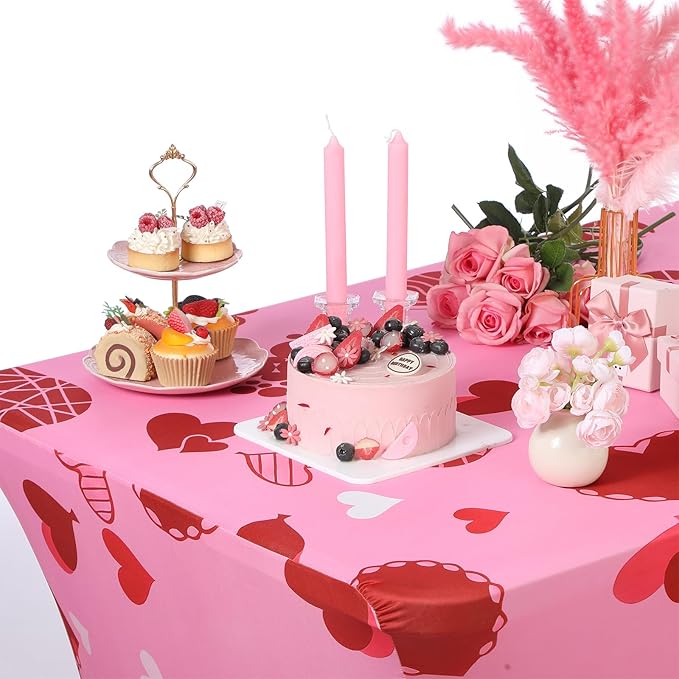 Oudain 2 Pcs Valentine's Day Stretch Table Cover 6 Feet Pink Heart Valentine's Day Spandex Table Clothes Sport Theme Party Decorations for Holiday Party Celebration Picnic Dinner Decor