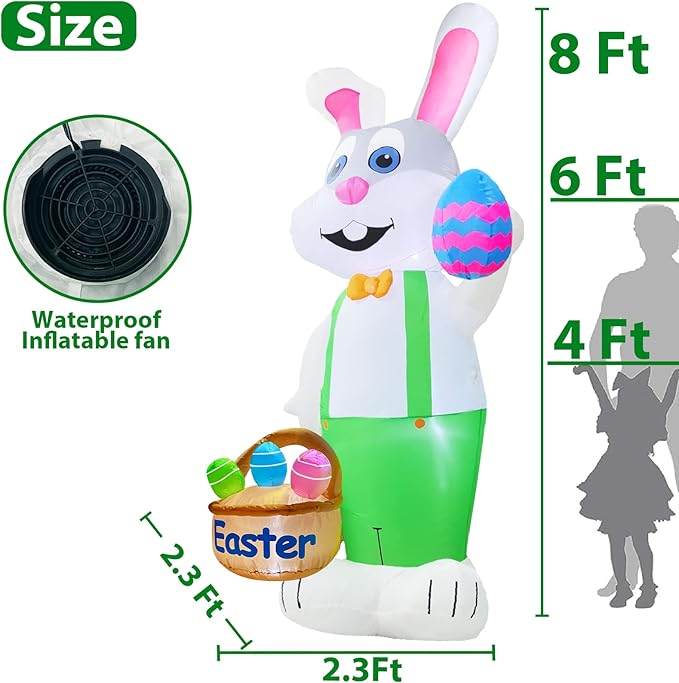 TURNMEON 8 Feet Giant Bunny Easter Inflatables Outdoor Decoration, Lighted Blow up Rabbit Holds Easter Eggs Basket with Tether Stakes LED Light Easter Decor Home Yard Lawn Garden Party Easter Egg Hunt