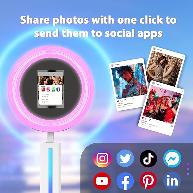 Photo Booth Machine Compatible with Any Ipad,ChackTok PhotoBooth VIP Member,Software APP Control Ring Light,Perfect for Wedding,Parties and Birthday,Light Bar White