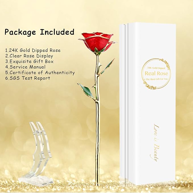 Valentines Day Gift Rose,24k Gold Real Rose Gift for her and Great Valentines Gift for her Rose, red Rose with Stand