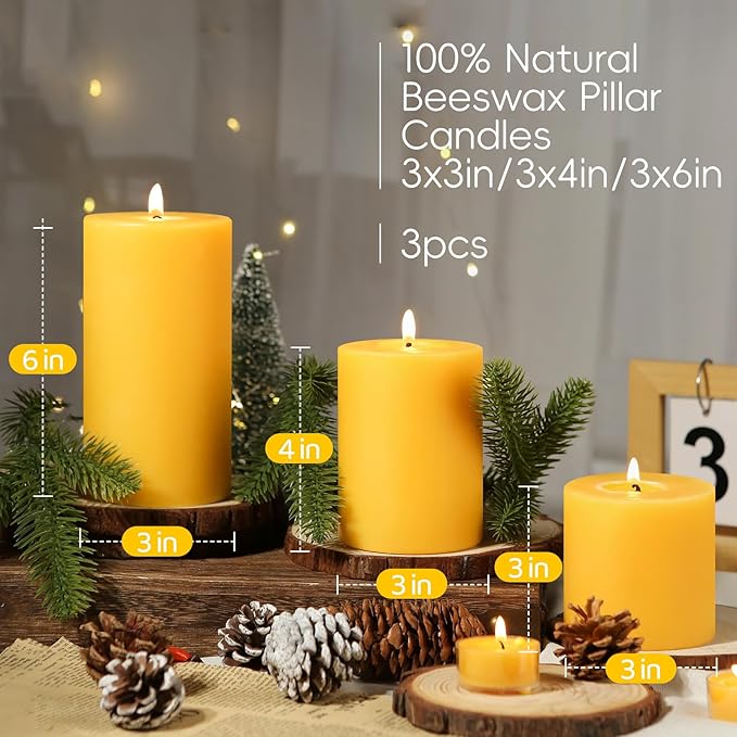 Natural Beeswax Pillar Candles Set of 3,Pure Beeswax Candles 213 Hours Long Burning,Unscented 100% Bees Wax Candle for Home,Emergency,Dripless Smokeless Organic Pillar Candle Bulk-3x3in,3x4in,3x6in