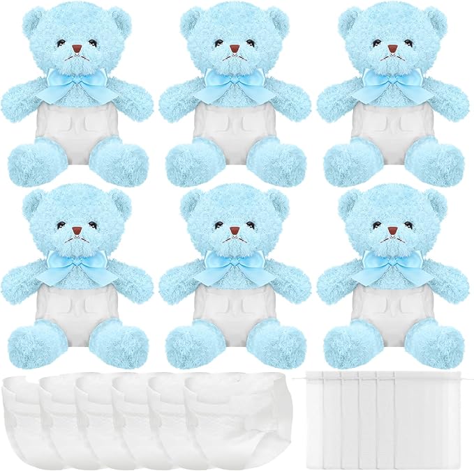 6 Sets Bear Blindfolded Diaper Changing Baby Shower Games Baby Dolls Diapers for Bridal Shower Gender Reveal Games Prizes Gifts for Adults Boys Girls (Blue)