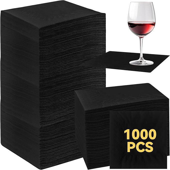 Henoyso 1000 Pack 2 Ply Black Cocktail Napkins Bulk 9.8'' x 9.8'' Disposable Bamboo Dinner Beverage Paper Napkins for Wedding Bar Party Birthday Cocktail Holiday Elegant Restaurant Event