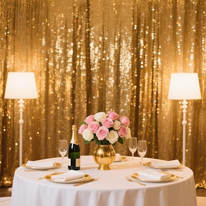Gold Sequin Backdrop Curtain - 4PCS (2FTx8FT) Glitter Photo Background for Wedding, Christmas, Party, Baby Shower & Stage Decorations (Gold, 2x8ft 4 Panels)