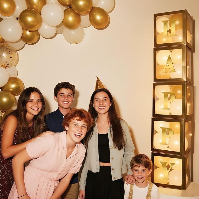 Ledido Transparent Balloon Boxes, Clear Balloon Boxes with 6 Pcs String Lights and 78 Letters for Baby Shower Gender Reveal 2026 New Year Grad Party Birthday Anniversary Bridal Decor - 6 Gold Boxes