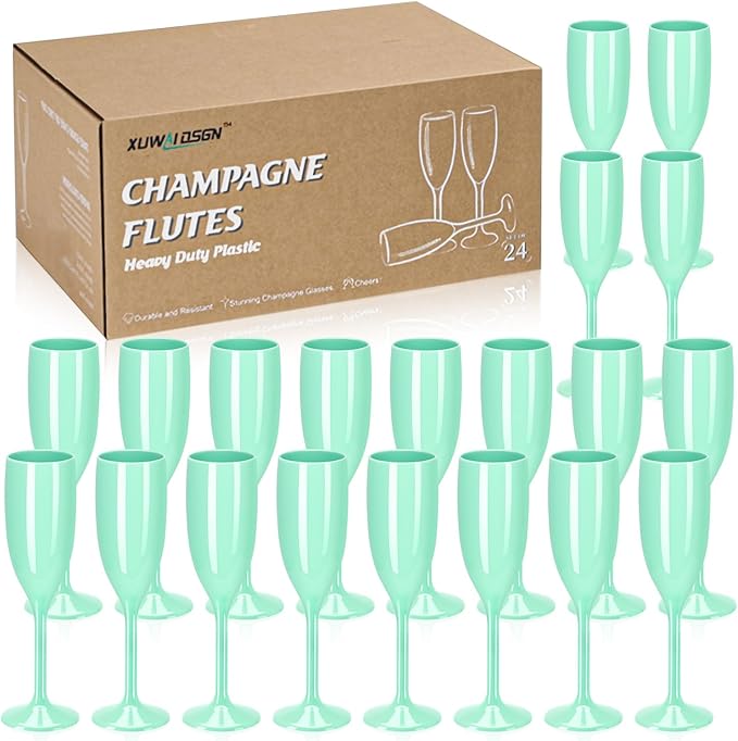 XUWAIDSGN Acrylic Champagne Flutes Toasting Glasses Unbreakable Mimosa Bar Reusable Wine Glasses Vintage Champagne Flutes Stemmed Drinking Cups 5.4 OZ for Christmas Birthday (24, Mint Green)