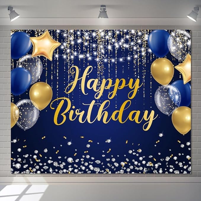 Navy Blue and Gold Happy Birthday Backdrop 10x8ft Royal Blue Birthday Banner Large Happy Background Decorations Supplies for Men Women Boys Girls