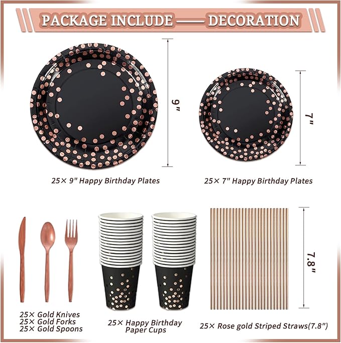 273 Pcs Rose Gold and Birthday Decorations, Birthday Decorations for Women or Girl Kit - Banner, Balloon, Tiara, Sash, Tableware with Rose Gold Dot and Black for 25 Guests