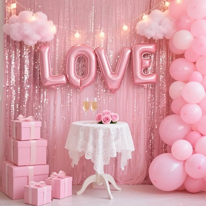 Pink Sequin Backdrop Curtain - 4PCS (2FTx8FT) Glitter Photo Background for Wedding, Christmas, Party, Baby Shower & Stage Decorations (Pink, 2x8ft 4 Panels)