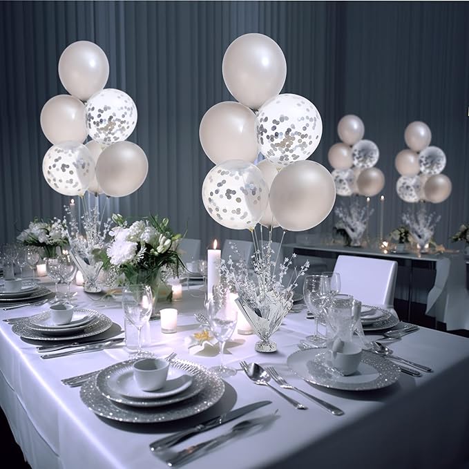4 Set Silver Table Balloons Centerpiece Stand Kit with Silver and Confetti Balloons for Graduation Birthday Party Baby Shower Wedding Bridal Shower Prom Retirement Table Decorations