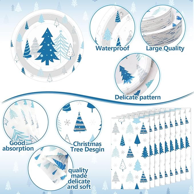 Pickmesh 400 Pcs Winter Party Supplies Blue Silver Xmas Tree Snowflake Disposable Paper Plates Napkins Cups Cutlery for Christmas Xmas Birthday Party Table Decorations Serve 50