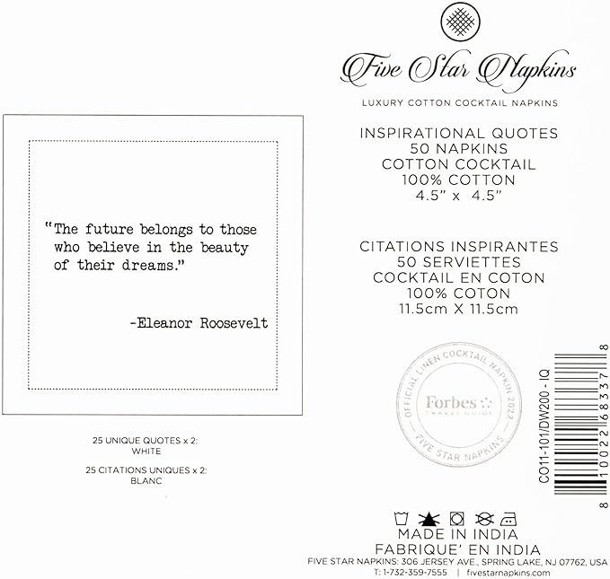 Five Star Funny Inspirational Quotes | White Cotton Cocktail Napkins | 50 Luxury Disposable Beverage Napkins with Witty Bar Quotes | Drink Napkins for Parties, Bars, Weddings & Game Nights