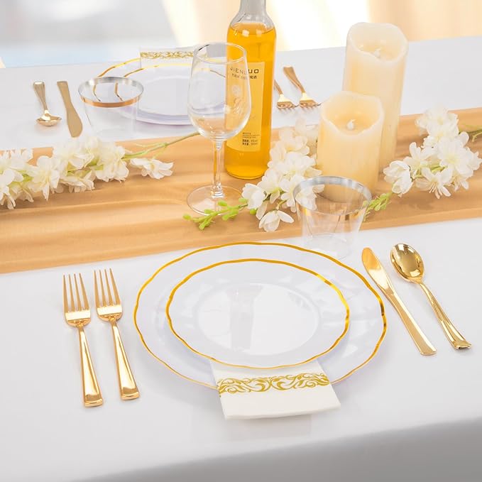 LIYH 700 Pcs Gold Plastic Dinnerware Set for 100 Guests - Plastic Wavy Plates for Party Includes Disposable Plates, Cups, Napkins and Disposable Gold Sliverware for Wedding Birthday
