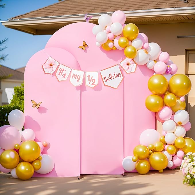 White and Pink Arch Cover 3 Set-7.2FT, 6.6FT, 6FT Arch Backdrop Cover Spandex Fitted 2-Color Fabric Stand Covers for Baby Shower Gilrs Birthday Party Ceremony Banquet Photo Background Decorations