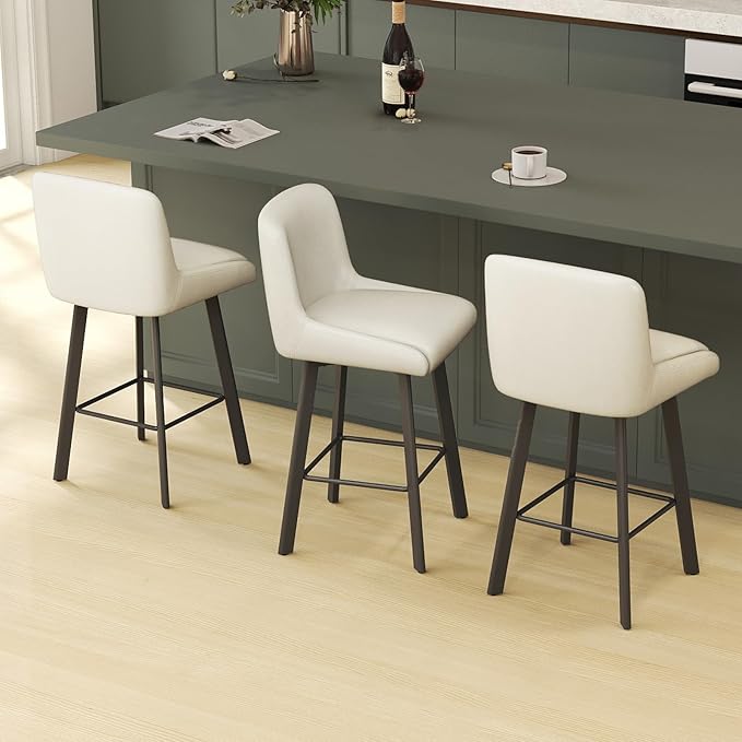 Swivel Bar Stools, 26''H Upholstered Barstools with Backs, Modern Counter Height Bar Stool Chairs for Kitchen Island, Metal Legs (Beige- Faux Leather, Set of 4-26" H)