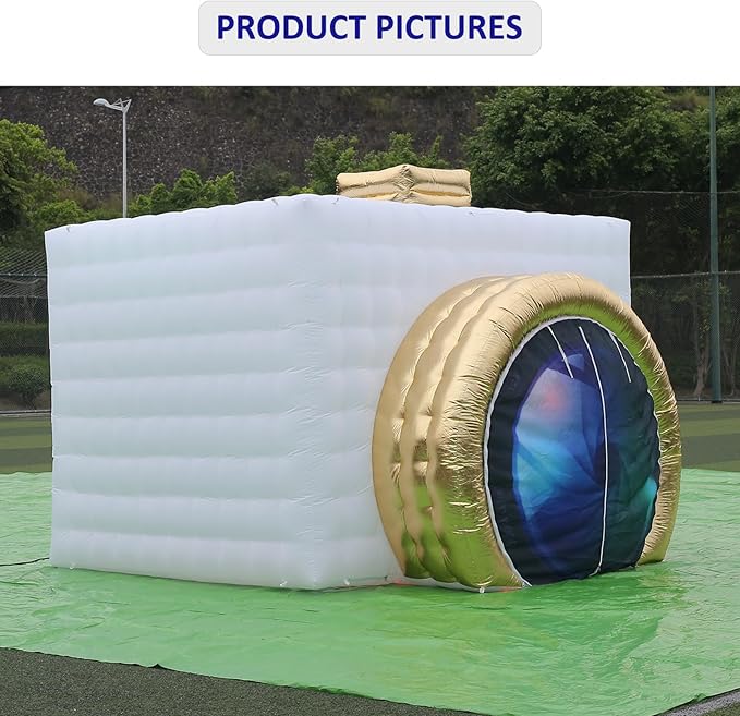 SAYOK Inflatable Photo Booth with Lights, Portable Camera Shaped Cube Tent with Blower, 11.5x9.2x8.2ft (White/Gold), Backdrop for Wedding Events, Parties, Exhibitions