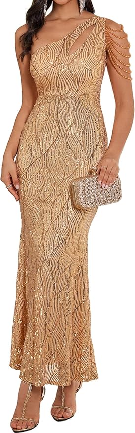 Women One Shoulder 1920s Plus Size Formal Dress Tassels Sleeve Sequins Gatsby Maxi Evening Gown