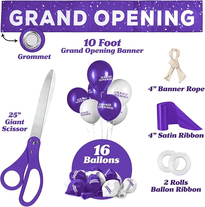 Deluxe Purple Grand Opening Ribbon Cutting Ceremony Kit - 25" Giant Scissors with Purple Satin Ribbon, Banner, Bows, Balloons & More