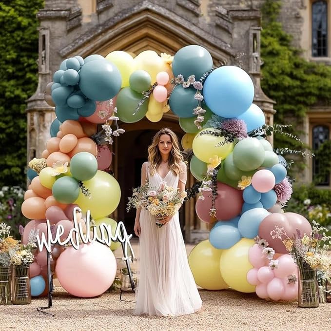 Pastel Balloon Arch Kit with Artificial Flowers, Double Stuffed Light Baby Pink Blue Yellow Green Peach Floral Balloon Garland for Wedding Baby Shower Birthday Fairy Bridal Shower Tea Party Decor