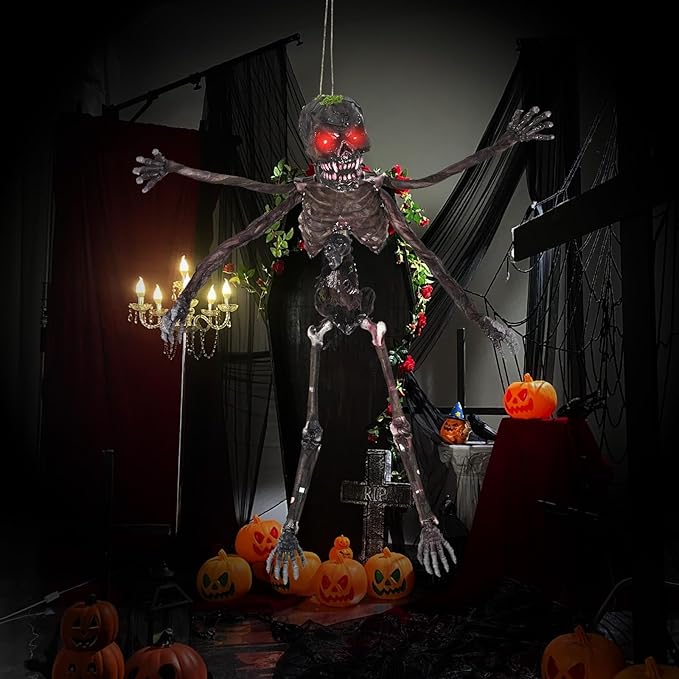 BECOMFORT 6 FT Hanging Animatronic Halloween Decoration, Sound-Activated Hanging Zombie with Shaking Body, Glowing Eyes, Creepy Sounds & Posable Arms, Animated Halloween Props for Indoor & Outdoor