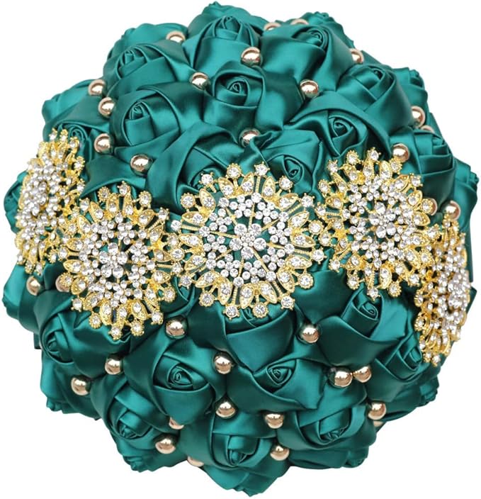 Emerald Green Bridal Wedding Bouquet with Gold Rhinestone Pearl for Quinceanera Bride Bridesmaid Satin Rose Artificial Flower Brooch Bouquet Wedding Emerald Green 8.3in