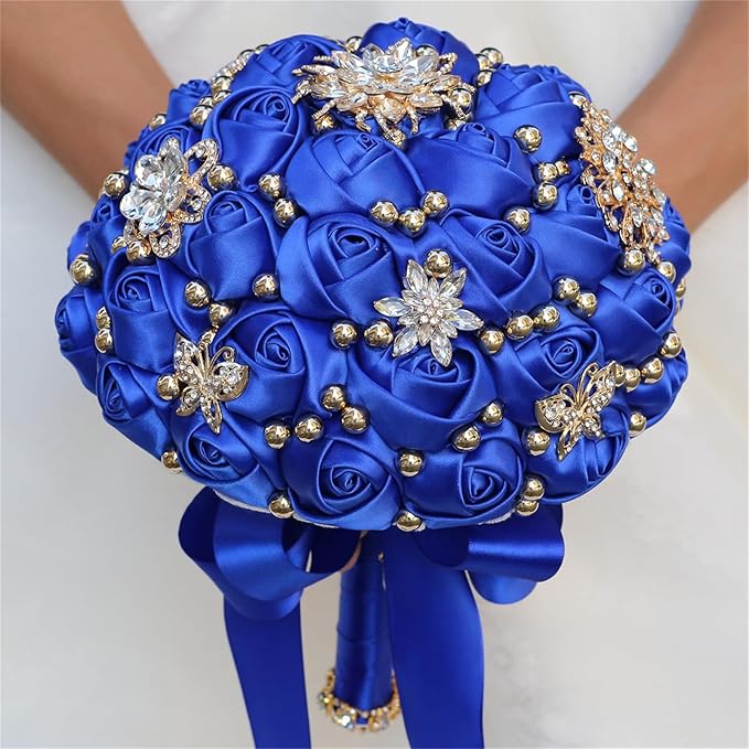 Bridal Wedding Bouquet for Bride Bridesmaid Wedding Quinceanera Throw Toss Artificial Rose Flower Bunch with Bling Brooch (07G#Sapphire, Large (Dia. 9.8"/24cm))
