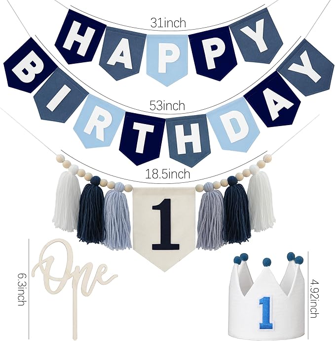 Felt Navy Blue Happy Birthday High Chair Banner Pre-Strung Birthday Hanging Decoration For Baby Boy 1st Birthday Party Decorations