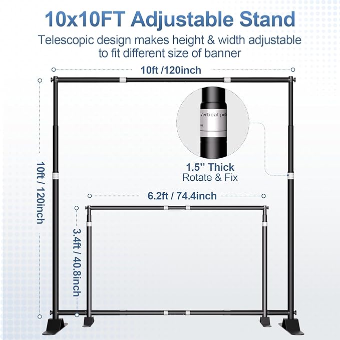 10 x 10FT Backdrop Banner Stand, Heavy Duty Adjustable Photo Background Support Frame Kit, Step and Repeat Stand for Photo Booth, Parties, Exhibition, Trade Show, Wedding