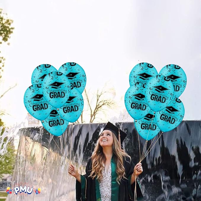 PMU 100 Pcs Turquoise Graduation Balloons Class of 2025 with All-Over Print White Grad Caps-Confetti and Streamers | Graduation Party Supplies | Congratulations Grad Latex Balloons Latex