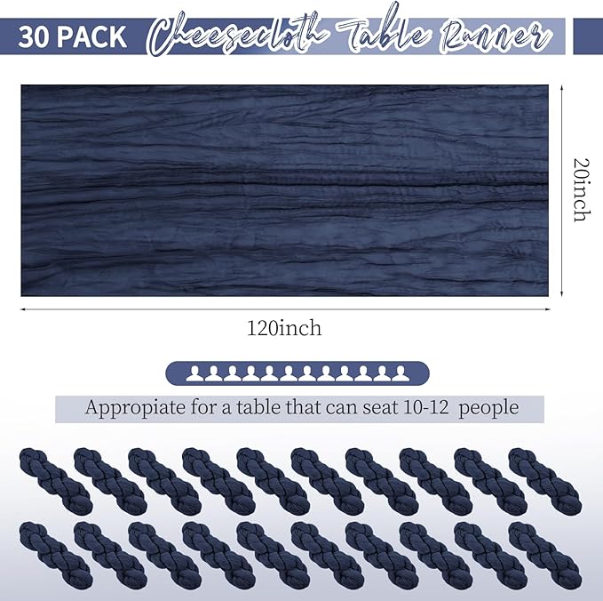 30 Pack Navy Blue Table Runner 10Ft Cheesecloth Table Runner Boho Gauze Table Runners Romantic Long Cheese Cloth Sheer Fabric Table Runners for Wedding Party Bridal Shower