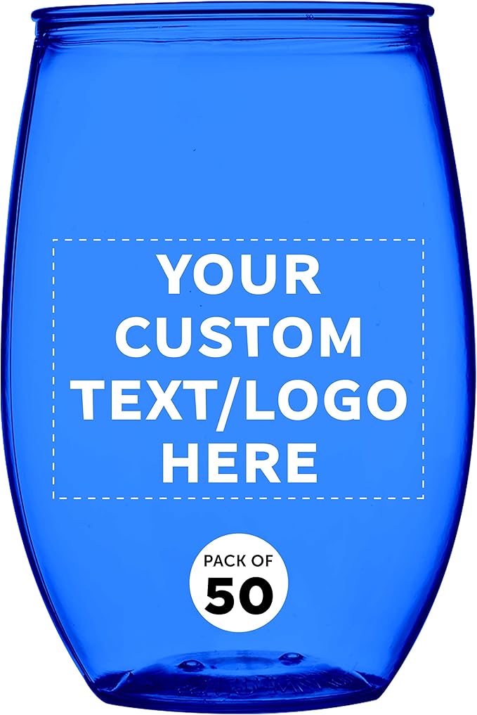 Custom Plastic Stemless Wine Glasses 16 oz. Set of 50, Personalized Bulk Pack - BPA Free, Great for Outdoor Lounges, Poolside, Parties and Other Events - Blue