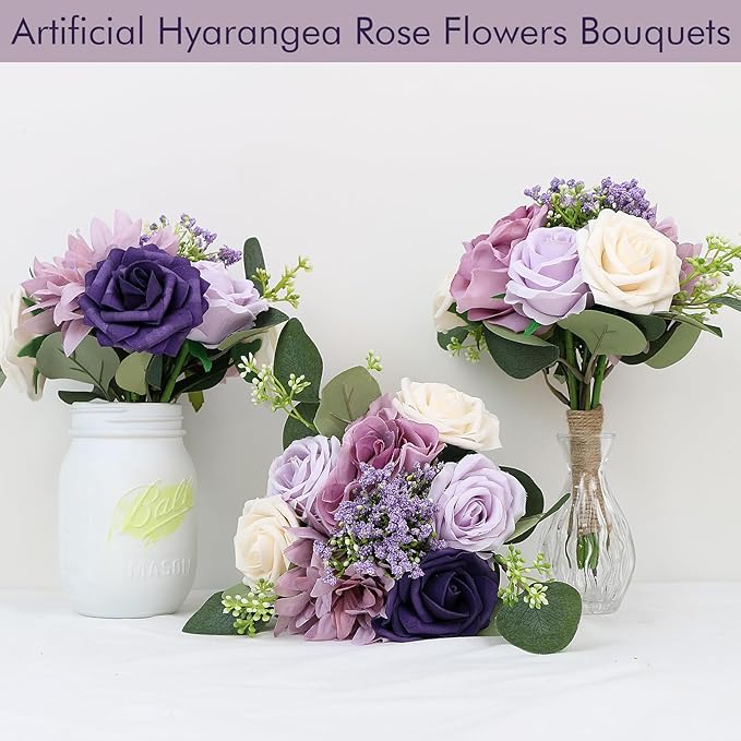 Artificial Bridesmaid Bouquets 2Pcs -7 Inch Bridesmaid Bouquets Fake Floral Silk Rose Handmade for Wedding Holding Flowers, Bridal Shower,Engagement Wedding Ceremony Anniversary - Lilac