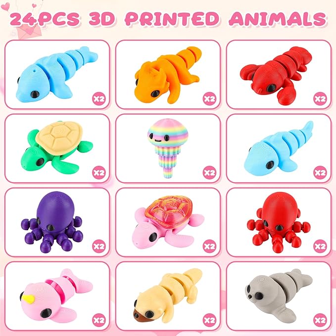 24Pcs Valentine's Day Gift 3D Printed Toys with Valentines Day Cards for Kids Classroom, Valentine's Day School Exchange Gifts, Valentine Party Favor 3D Printed Stuff, Class Exchange Prizes
