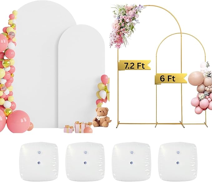 2PK (7.2 & 6 FT Wedding Arch Backdrop Stand and Cover Set | Metal Backdrop Arch, Balloon Stand, Water Bags | Party, Bridal Show, Birthday, Baby Shower Decorations (White Cover, 2 Pack)