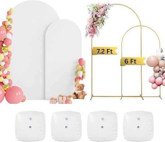 2PK (7.2 & 6 FT Wedding Arch Backdrop Stand and Cover Set | Metal Backdrop Arch, Balloon Stand, Water Bags | Party, Bridal Show, Birthday, Baby Shower Decorations (White Cover, 2 Pack)