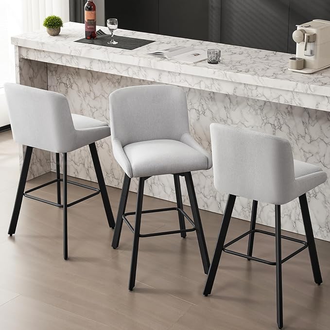 Swivel Bar Stools Set of 3, 29''H Upholstered Barstools with Backs, Modern Counter Height Bar Stool Chairs for Kitchen Island, Metal Legs, Fabric, Light Gray Counter Stools