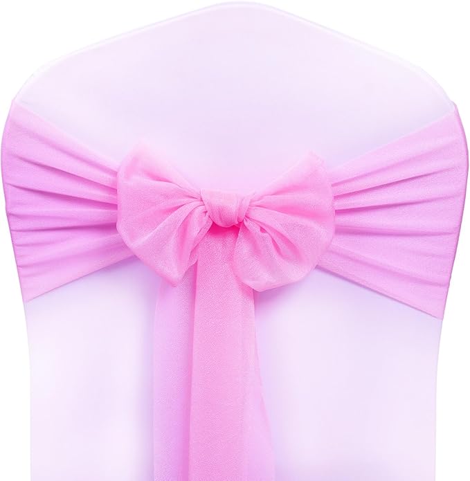 VDS Pack of 125, Bubblegum Pink, Sheer Chiffon Chair Sashes Bows Chair Cover back Tie Ribbon for Wedding Birthday Baby Shower Engagement Ceremony Event Party Banquet Restaurant Dining Chair Decoration