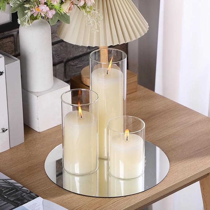 Shihanee Set of 36 Pillar Candles and Glass Cylinder Vases Clear Cylinder Holders for Slim Pillar Candles Wedding Centerpieces(3.4'' X 4.7", 7", 9.8",Ivory White)