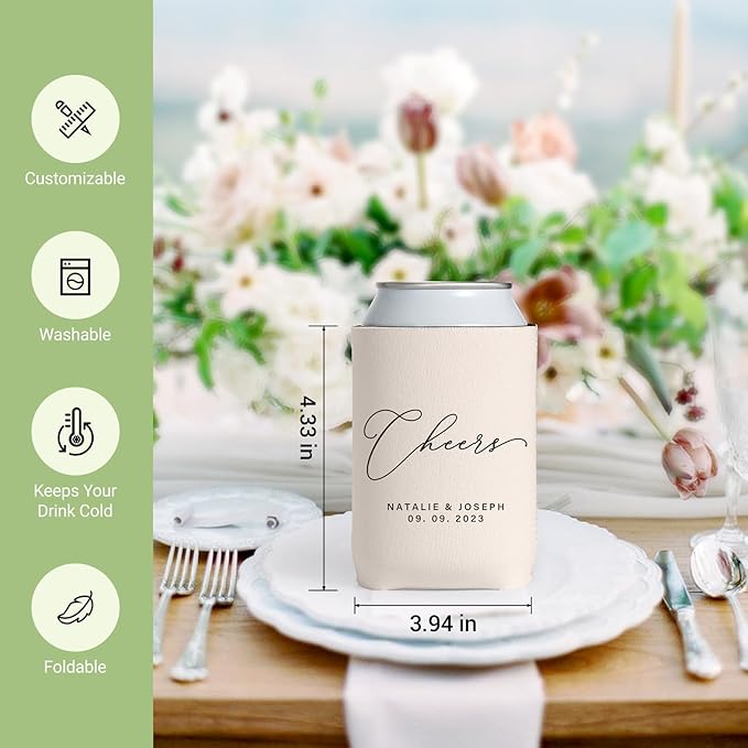 Personalized Can Sleeves for Wedding & Party Favors – Custom Drink Holders for Anniversary, Engagement, Bridal Showers – Bulk Gifts for Guests, Fits 12-16oz Cans & Bottles (50, Standard)