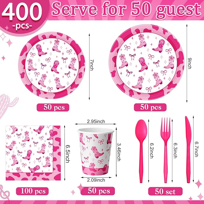 Pickmesh 400 Pcs Western Pink Cowgirl Party Plates and Napkin Decoration Disco Pink Coquette Bow Cowgirl Tableware Cups Knives for Western Wedding Birthday Bachelorette Party Supplies Serve 50