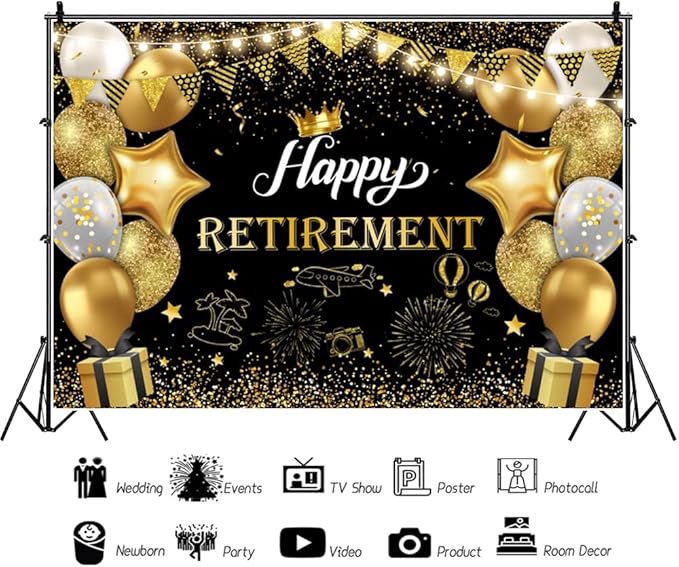 15x10ft Happy Retirement Photography Backdrop Black and Gold Retirement Party Decorations Backdrop Background Balloons White Lights Glitter Celebrate Retirement Party Supplies Studio Props