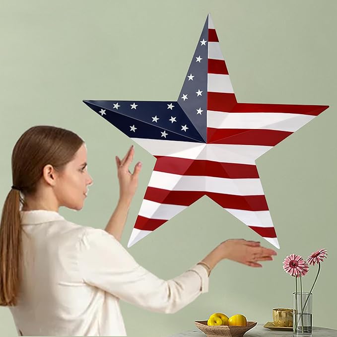 JoyEvy 23.4“ Patriotic Metal Barn Star Wall Decor, American Flag Stars for House Ornaments, Indoor Outdoor Wall Hanging Primitive Decor Star for 4th of July Decoration