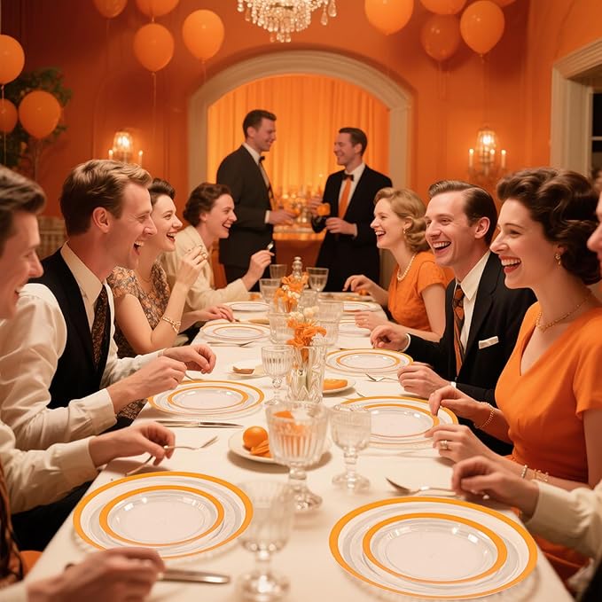 I00000 350 Pcs Clear Orange Plates for 50 Guests, Orange Disposable Plates Set Include 10" Dinner Plate, 7" Dessert Plate, 50 Cups, 50 Pre Rolled Napkins with Cutlery Set for Party and Wedding